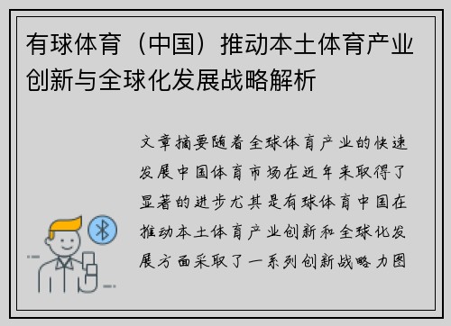 有球体育（中国）推动本土体育产业创新与全球化发展战略解析